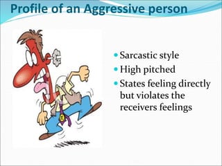 Profile of an Aggressive person
 Sarcastic style
 High pitched
 States feeling directly
but violates the
receivers feelings
 
