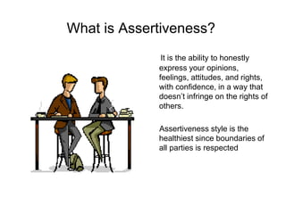 What is Assertiveness?
It is the ability to honestly
express your opinions,
feelings, attitudes, and rights,
with confiden...