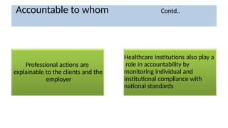 Accountable to whom Contd..
Professional actions are
explainable to the clients and the
employer
Healthcare institutions also play a
role in accountability by
monitoring individual and
institutional compliance with
national standards
 