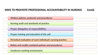 WAYS TO PROMOTE PROFESSIONAL ACCOUNTABILITY IN NURSING Contd.
Written policies, protocols and procedures
Nursing audit and standards of practice
Proper delegation of responsibilities
Proper training and education of the self
Periodical evaluation of each individual’s nursing practice
Refine and modify outdated policies and procedures.
Conducive working environment
 