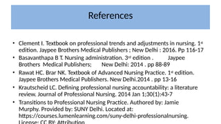 References
• Clement I. Textbook on professional trends and adjustments in nursing. 1st
edition. Jaypee Brothers Medical Publishers ; New Delhi : 2016. Pp 116-17
• Basavanthapa B T. Nursing administration. 3rd edition . Jaypee
Brothers Medical Publishers; New Delhi: 2014 . pp 88-89
• Rawat HC. Brar NK. Textbook of Advanced Nursing Practice. 1st edition.
Jaypee Brothers Medical Publishers. New Delhi.2014 . pp 13-16
• Krautscheid LC. Defining professional nursing accountability: a literature
review. Journal of Professional Nursing. 2014 Jan 1;30(1):43-7
• Transitions to Professional Nursing Practice. Authored by: Jamie
Murphy. Provided by: SUNY Delhi. Located at:
https://courses.lumenlearning.com/suny-delhi-professionalnursing.
 