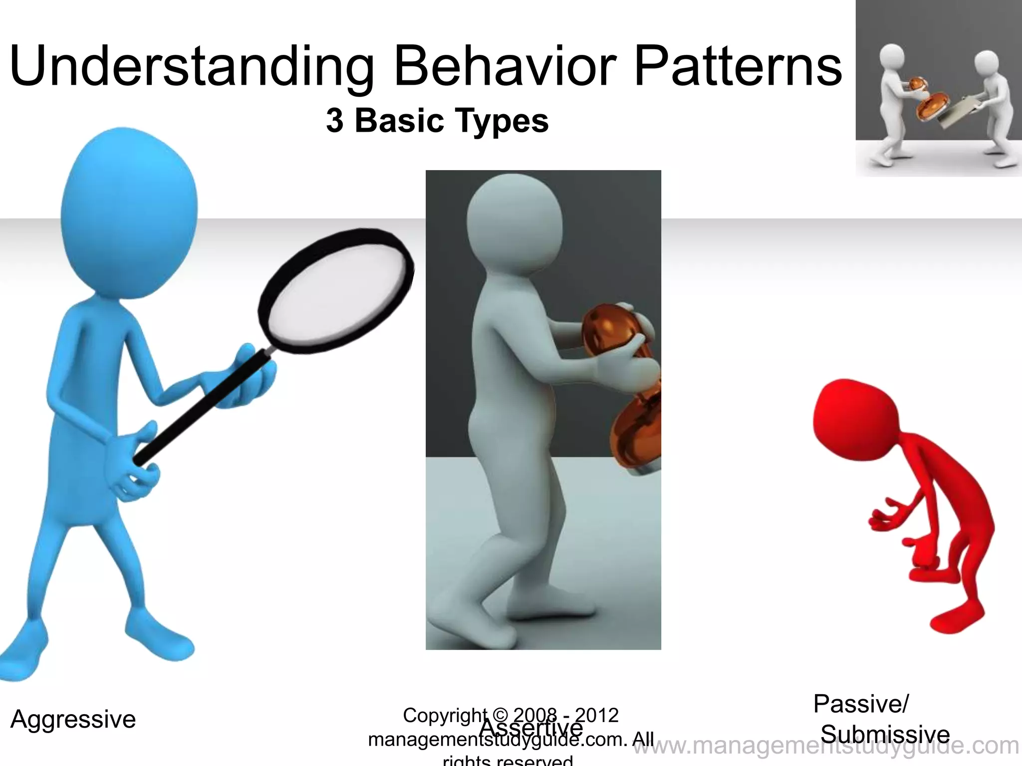 www.managementstudyguide.com
Understanding Behavior Patterns
Passive/
Submissive
Aggressive Assertive
3 Basic Types
Copyright © 2008 - 2012
managementstudyguide.com. All
 