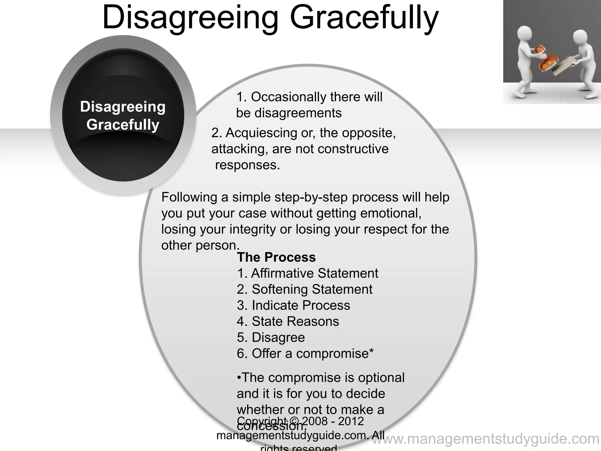 www.managementstudyguide.com
Disagreeing Gracefully
Disagreeing
Gracefully
1. Occasionally there will
be disagreements
2. Acquiescing or, the opposite,
attacking, are not constructive
responses.
Following a simple step-by-step process will help
you put your case without getting emotional,
losing your integrity or losing your respect for the
other person.
The Process
1. Affirmative Statement
2. Softening Statement
3. Indicate Process
4. State Reasons
5. Disagree
6. Offer a compromise*
•The compromise is optional
and it is for you to decide
whether or not to make a
concession.Copyright © 2008 - 2012
managementstudyguide.com. All
 