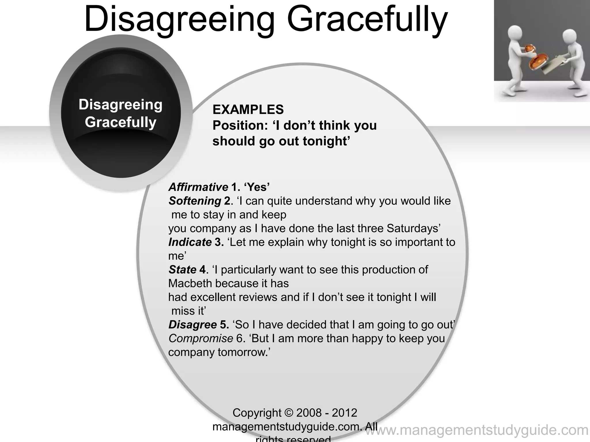 www.managementstudyguide.com
Disagreeing Gracefully
Disagreeing
Gracefully
Affirmative 1. ‘Yes’
Softening 2. ‘I can quite understand why you would like
me to stay in and keep
you company as I have done the last three Saturdays’
Indicate 3. ‘Let me explain why tonight is so important to
me’
State 4. ‘I particularly want to see this production of
Macbeth because it has
had excellent reviews and if I don’t see it tonight I will
miss it’
Disagree 5. ‘So I have decided that I am going to go out’
Compromise 6. ‘But I am more than happy to keep you
company tomorrow.’
EXAMPLES
Position: ‘I don’t think you
should go out tonight’
Copyright © 2008 - 2012
managementstudyguide.com. All
 