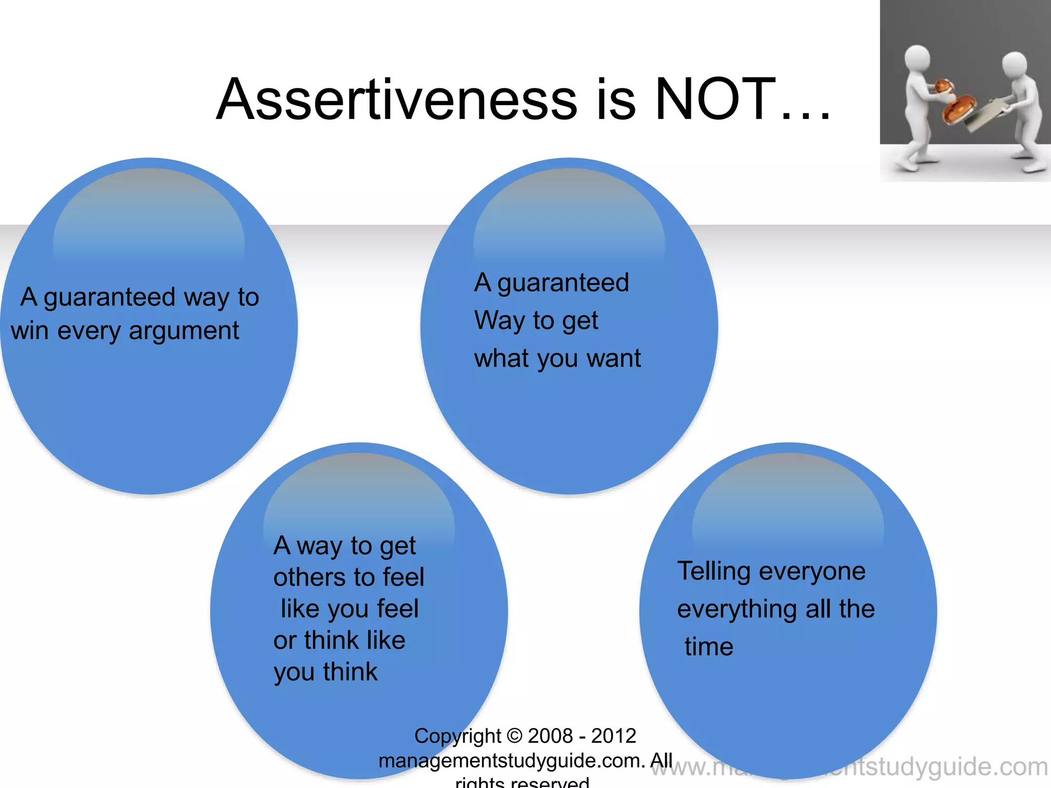 www.managementstudyguide.com
Assertiveness is NOT…
A guaranteed way to
win every argument
A guaranteed
Way to get
what you want
A way to get
others to feel
like you feel
or think like
you think
Telling everyone
everything all the
time
Copyright © 2008 - 2012
managementstudyguide.com. All
 