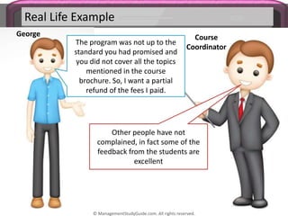 Real Life Example
George Course
Coordinator
The program was not up to the
standard you had promised and
you did not cover all the topics
mentioned in the course
brochure. So, I want a partial
refund of the fees I paid.
Other people have not
complained, in fact some of the
feedback from the students are
excellent
© ManagementStudyGuide.com. All rights reserved.
 
