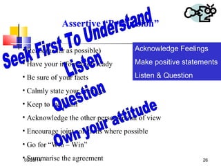 03/23/14 26
Assertive “Persuasion”
• Relax (as far as possible)
• Have your information ready
• Be sure of your facts
• Calmly state your feelings
• Keep to the point
• Acknowledge the other persons point of view
• Encourage joint solutions where possible
• Go for “Win – Win”
• Summarise the agreement
Acknowledge Feelings
Make positive statements
Listen & Question
 