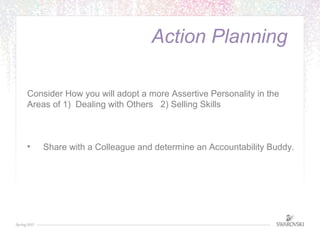 . 
Action Planning 
Consider How you will adopt a more Assertive Personality in the 
Areas of 1) Dealing with Others 2) Se...