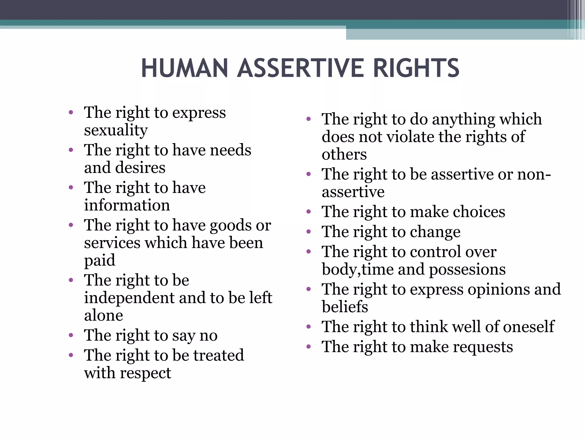 HUMAN ASSERTIVE RIGHTS
• The right to express
sexuality
• The right to have needs
and desires
• The right to have
information
• The right to have goods or
services which have been
paid
• The right to be
independent and to be left
alone
• The right to say no
• The right to be treated
with respect

• The right to do anything which
does not violate the rights of
others
• The right to be assertive or nonassertive
• The right to make choices
• The right to change
• The right to control over
body,time and possesions
• The right to express opinions and
beliefs
• The right to think well of oneself
• The right to make requests

 