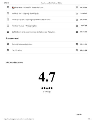 5/7/2019 Assertiveness Skills Diploma - Edukite
https://edukite.org/course/assertiveness-skills-diploma/ 4/9
 
 
 
 
 
 
 
Module Nine – Powerful Presentations 00:30:00
Module Ten – Coping Techniques 01:00:00
Module Eleven – Dealing with Dif cult Behavior 00:30:00
Module Twelve – Wrapping Up 00:15:00
Self Esteem and Assertiveness Skills Course- Activities 00:00:00
Assessment
Submit Your Assignment 00:00:00
Certi cation 00:00:00
COURSE REVIEWS
4.7
8 ratings

LOGIN
 