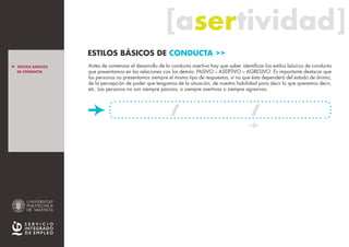 [asertividad][asertividad]
Antes de comenzar el desarrollo de la conducta asertiva hay que saber identificar los estilos básicos de conducta
que presentamos en las relaciones con los demás: PASIVO – ASERTIVO – AGRESIVO. Es importante destacar que
las personas no presentamos siempre el mismo tipo de respuestas, si no que ésta dependerá del estado de ánimo,
de la percepción de poder que tengamos de la situación, de nuestra habilidad para decir lo que queremos decir,
etc. Las personas no son siempre pasivas, o siempre asertivas o siempre agresivas.
ESTILOS BÁSICOS DE CONDUCTA >>
> ESTILOS BÁSICOS
DE CONDUCTA
> INTRO
_Pasivo
_Asertivo
_Agresivo
_ Resumen E.B.C.
> ASERTIVIDAD
_ La persona asertiva
_ El mensaje asertivo
estilo ASERTIVO estilo AGRESIVO
VER tABLA RESUMEN e.b.c.
estilo PASIVO
> MÁS INFO
 