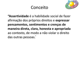 Conceito
“Assertividade é a habilidade social de fazer
afirmação dos próprios direitos e expressar
pensamentos, sentimentos e crenças de
maneira direta, clara, honesta e apropriada
ao contexto, de modo a não violar o direito
das outras pessoas.”
 