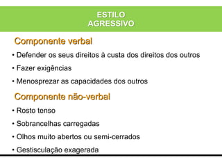 Componente verbal
• Defender os seus direitos à custa dos direitos dos outros
• Fazer exigências
• Menosprezar as capacidades dos outros
Componente não-verbal
• Rosto tenso
• Sobrancelhas carregadas
• Olhos muito abertos ou semi-cerrados
• Gestisculação exagerada
ESTILO
AGRESSIVO
 