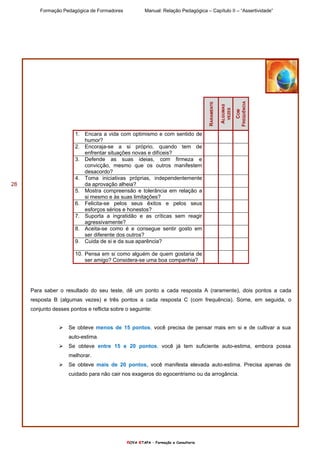 Formação Pedagógica de Formadores Manual: Relação Pedagógica – Capítulo II – “Assertividade”
nOVA eTAPA – Formação e Consultoria
28
Para saber o resultado do seu teste, dê um ponto a cada resposta A (raramente), dois pontos a cada
resposta B (algumas vezes) e três pontos a cada resposta C (com frequência). Some, em seguida, o
conjunto desses pontos e reflicta sobre o seguinte:
Se obteve menos de 15 pontos, você precisa de pensar mais em si e de cultivar a sua
auto-estima.
Se obteve entre 15 e 20 pontos, você já tem suficiente auto-estima, embora possa
melhorar.
Se obteve mais de 20 pontos, você manifesta elevada auto-estima. Precisa apenas de
cuidado para não cair nos exageros do egocentrismo ou da arrogância.
RARAMENTE
ALGUMAS
VEZES
COM
FREQUÊNCIA
1. Encara a vida com optimismo e com sentido de
humor?
2. Encoraja-se a si próprio, quando tem de
enfrentar situações novas e difíceis?
3. Defende as suas ideias, com firmeza e
convicção, mesmo que os outros manifestem
desacordo?
4. Toma iniciativas próprias, independentemente
da aprovação alheia?
5. Mostra compreensão e tolerância em relação a
si mesmo e às suas limitações?
6. Felicita-se pelos seus êxitos e pelos seus
esforços sérios e honestos?
7. Suporta a ingratidão e as críticas sem reagir
agressivamente?
8. Aceita-se como é e consegue sentir gosto em
ser diferente dos outros?
9. Cuida de si e da sua aparência?
10. Pensa em si como alguém de quem gostaria de
ser amigo? Considera-se uma boa companhia?
 