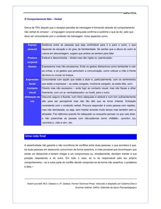 GAPsi-FCUL
O Comportamento Não – Verbal
Cerca de 70% daquilo que o receptor percebe da mensagem é fornecido através do comportamento
não verbal do emissor – a linguagem corporal adequada confirma e sublinha o que se diz, pelo que
deve ser concordante com o conteúdo da mensagem. Inclui aspectos como:
Espaço
pessoal
Distância entre as pessoas que seja confortável para ti e para o outro, o que
depende da situação e do grau de familiaridade. Se sentes que a altura do outro te
coloca em desvantagem, sugere que ambos se sentem para falar
Postura
corporal
Estável e descontraída – direita mas não rígida ou «pendurada»
Gestos Expressivos mas não excessivos, Evita os gestos distractivos como tamborilar e roer
as unhas, e os gestos que perturbam a comunicação, como colocar a mão à frente
da boca ou cruzar os braços.
Expressão
facial
Concordante com aquilo que estás a dizer e, particularmente, com os sentimentos
que estás a expressar – se estás zangado, mostra-te zangado, se estás feliz, sorri.
Contacto
visual
Directo mas não excessivo – evita fugir ao contacto visual, mas não fiques a olhar
fixamente, com um ar «embasbacado» ou hostil, para o outro.
Utilização da
voz
Discurso seguro e fluente, num ritmo adequado e estável e num tom suficientemente
alto para ser perceptível mas não tão alto que se torne irritante. Entoação
consistente com o conteúdo verbal. Procura responder à outra pessoa com rapidez,
mas não demasiada, ou seja, sem hesitar durante muito tempo mas também sem a
atropelar. Faz silêncios quando for adequado ou enquanto pensas no que vais dizer,
e não preenchas as pausas com não-palavras como «hãããã», «pronto» (ou
«prontos»), «tás a ver», etc.
Uma nota final
A assertividade não garante a não ocorrência de conflitos entre duas pessoas; o que acontece é que,
se duas pessoas em desacordo comunicam de forma assertiva, é mais provável que reconheçam que
existe um desacordo e tentem chegar a um compromisso ou, simplesmente, decidam manter a sua
posição respeitando a do outro. Em todo o caso, só tu és responsável pelo teu próprio
comportamento – se a outra parte do conflito decidir comportar-se de forma não assertiva, o problema
é dela.~
Assert yourself, M.D. Galassi e J.P. Galassi, Human Sciences Press, traduzido e adaptado por Catarina Dias e
Guiomar Gabriel, GAPsi- Gabinete de Apoio Psicopedagógico
 
