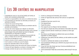 ©
LES 30 CRITÈRES DU MANIPULATEUR
1. Il culpabilise les autres au nom du lien familial, de l’amitié, de
l’amour, de la conscience professionnelle.
2. Il reporte sa responsabilité sur les autres, ou se démet des siennes.
3. Il ne communique pas clairement ses demandes, ses besoins, ses
sentiments et opinions.
4. Il répond très souvent de façon floue.
5. Il change ses opinions, ses comportements, ses sentiments selon les
personnes ou les situations.
6. Il invoque des raisons logiques pour déguiser ses demandes.
7. Il fait croire aux autres qu’ils doivent être parfaits, qu’ils ne doivent
jamais changer d’avis, qu’ils doivent tout savoir et répondre
immédiatement aux demandes et questions.
8. Il met en doute les qualités, la compétence, la personnalité des
autres : il critique sans en avoir l’air, dévalorise et juge.
9. Il fait faire ses messages par autrui.
10.Il sème la zizanie et crée la suspicion, divise pour mieux régner.
11.Il sait se placer en victime pour qu’on le plaigne.
12.Il ignore les demandes même s’il dit s’en occuper.
13.Il utilise les principes moraux des autres pour assouvir ses besoins.
14.Il menace de façon déguisée, ou pratique un chantage ouvert.
15.Il change carrément de sujet au cours d’une conversation.
16. Il évite ou s’échappe de l’entretien, de la réunion.
17. Il mise sur l’ignorance des autres et fait croire en sa supériorité.
18. Il ment.
19. Il prêche le faux pour savoir le vrai.
20. Il est égocentrique.
21. Il peut être jaloux.
22. Il ne supporte pas la critique et nie les évidences.
23. Il ne tient pas compte des droits, des besoins et des désirs des autres.
24. Il utilise souvent le dernier moment pour ordonner ou faire agir
autrui.
25. Son discours paraît logique ou cohérent alors que ses attitudes
répondent au schéma opposé.
26. Il flatte pour vous plaire, fait des cadeaux, se met soudain aux petits
soins pour vous.
27. Il produit un sentiment de malaise ou de non-liberté.
28. Il est parfaitement efficace pour atteindre ses propres buts mais aux
dépens d’autrui.
29. Il nous fait faire des choses que nous n’aurions probablement pas
faites de notre propre gré.
30. Il fait constamment l’objet des conversations, même lorsqu’il n’est pas
là
33
 