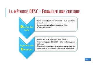©
LA MÉTHODE DESC : FORMULER UNE CRITIQUE
Décrire les
faits
• Faits concrets et observables : « Je constate
que... »
• Description simple et objective (pas
d'exagérations).
Exprimer ses
Emotions
• Parlez en « Je » (et pas en « Tu »!) ;
• Trouvez la juste émotion : joie, tristesse, peur,
colère,...
• Émotion tournée vers le comportement de la
personne, et non vers la personne elle-même.
48
 