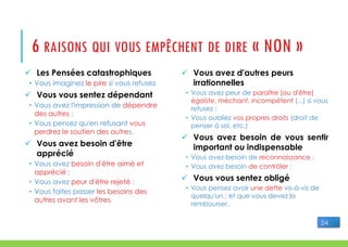 6 RAISONS QUI VOUS EMPÊCHENT DE DIRE « NON »
 Les Pensées catastrophiques
 Vous imaginez le pire si vous refusez
 Vous vous sentez dépendant
 Vous avez l'impression de dépendre
des autres ;
 Vous pensez qu'en refusant vous
perdrez le soutien des autres.
 Vous avez besoin d'être
apprécié
 Vous avez besoin d'être aimé et
apprécié ;
 Vous avez peur d'être rejeté ;
 Vous faites passer les besoins des
autres avant les vôtres.
 Vous avez d'autres peurs
irrationnelles
 Vous avez peur de paraître (ou d'être)
égoïste, méchant, incompétent (...) si vous
refusez ;
 Vous oubliez vos propres droits (droit de
penser à soi, etc.)
 Vous avez besoin de vous sentir
important ou indispensable
 Vous avez besoin de reconnaissance ;
 Vous avez besoin de contrôler ;
 Vous vous sentez obligé
 Vous pensez avoir une dette vis-à-vis de
quelqu'un ; et que vous devez la
rembourser.
54
 