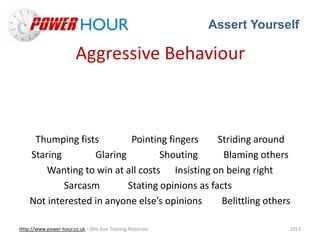 Assert Yourself
Http://www.power-hour.co.uk – Bite Size Training Materials 2013
Aggressive Behaviour
Thumping fists Pointing fingers Striding around
Staring Glaring Shouting Blaming others
Wanting to win at all costs Insisting on being right
Sarcasm Stating opinions as facts
Not interested in anyone else’s opinions Belittling others
 