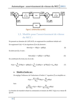 Automatique : asservissement de vitesse du MCC 2011
11
1.3. Modèle pour l’asservissement de vitesse
du MCC :
En passant au domaine de LAPLACE, en supposant les conditions initiale nul :
En supposant Cr(t) = 0, les équations (3) et (4) donnent :
( ) Ω( ) Ω( ) (5)
En dérivant (5), il vient :
( ) Ω( ) Ω( ) ( )
En combinant (5) et (6) avec (1) et (2) :
( ) ( Ω( ) Ω( )) ( Ω( ) Ω( )) Ω( ) ( )
a. Modèle d’ordre un :
On néglige l’influence de l’inductance d’induit. L’´equation (7) se simplifie en :
( ) Ω( ) Ω( )
Soit :
( ) Ω( ) Ω( )
La fonction de transfert reliant la commande en tension du MCC U(p) et sa vitesse Ω
(p) est :
 
