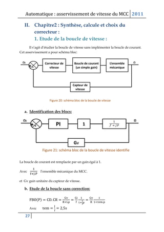 Automatique : asservissement de vitesse du MCC 2011
27
II. Chapitre2 : Synthèse, calcule et choix du
correcteur :
1. Etude de la boucle de vitesse :
Il s’agit d’étudier la boucle de vitesse sans implémenter la boucle de courant.
Cet asservissement a pour schéma bloc:
a. Identification des blocs:
La boucle de courant est remplacée par un gain égal à 1.
Avec l’ensemble mécanique du MCC.
et Gv gain unitaire du capteur de vitesse.
b. Etude de la boucle sans correction:
( )
Avec
 