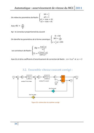 Automatique : asservissement de vitesse du MCC 2011
34
On relève les paramètres de Naslin :
{
Avec
Kpi : le correcteur proportionnel du courant
On identifie les paramètres de la forme canonique :{ √
Les correcteurs de Naslin :{
( )
Avec zc et α les coefficients d’amortissement de correction de Naslin : et
3.2. Ensemble vitesse-courant corrigé :
 