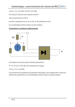 Automatique : asservissement de vitesse du MCC 2011
47
d’où U = E / (1+r/Rc) = Ke. Ω / (1+r/Rc)
On a Ke/(1+r/Rc) est une constante notée K
Alors on peut écrire U=K. Ω
avec Ke: constante de f.e.m. en v/rd/s et Ω : pulsation en rd/s
La caractéristique tension-vitesse est donc linéaire.
Génératrice synchrone (alternateur):
L’excitation est assurée par des aimants permanents.
V = E - Z.I et U = Rc.I (Rc est la résistance de charge)
d’où U = E / (1+Z/Rc)
Z est fonction de la pulsation des grandeurs électriques, donc dépend de la vitesse de
rotation de la génératrice: la caractéristique tension-vitesse n’est plus linéaire.
 