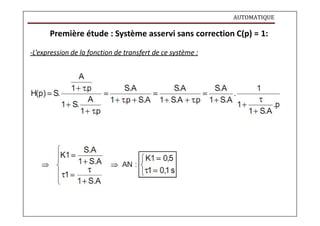 AUTOMATIQUE
Première étude : Système asservi sans correction C(p) = 1:
-L’expression de la fonction de transfert de ce système :
 