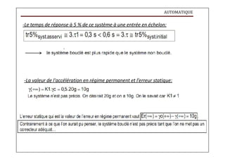 AUTOMATIQUE
-Le temps de réponse à 5 % de ce système à une entrée en échelon:
-La valeur de l'accélération en régime permanent et l’erreur statique:
 