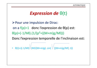 AUTOMATIQUE
Expression de θ(t)
Pour une impulsion de Dirac:
on a f(p)=1 donc l’expression de θ(p) est:
θ(p)=(-1/Ml).{1/(p²+((M+m)g/Ml))}
Donc l’expression temporelle de l’inclinaison est:
• θ(t)={(-1/Ml) (Ml/(M+m)g). sin( [(M+m)g/Ml] .t)}
 