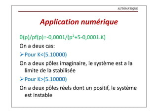 AUTOMATIQUE
Application numérique
θ(p)/pf(p)=-0,0001/(p²+5-0,0001.K)
On a deux cas:
Pour K<(5.10000)
On a deux pôles imaginaire, le système est a la
limite de la stabilisée
Pour K>(5.10000)
On a deux pôles réels dont un positif, le système
est instable
 