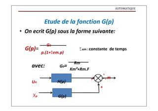 AUTOMATIQUE
Etude de la fonction G(p)
• On ecrit G(p) sous la forme suivante:
G0
G(p)= em : constante de temps
p.(1+em.p)
avec: G0=
Rm
Km²+Rm.F
+ m
UH H(p)
+
p G(p)
 