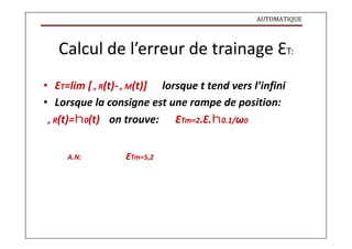 AUTOMATIQUE
Calcul de l’erreur de trainage ԐT:
• ԐT=lim [R(t)-M(t)] lorsque t tend vers l’infini
• Lorsque la consigne est une rampe de position:
R(t)=0(t) on trouve: ԐTm=2.Ԑ.0.1/ω0
A.N: ԐTm=5,2
 