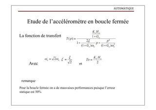 AUTOMATIQUE
Etude de l’accéléromètre en boucle fermée
La fonction de transfert
Avec et
remarque
Pour la boucle fermée on a de mauvaises performances puisque l’erreur
statique est 50%
 
