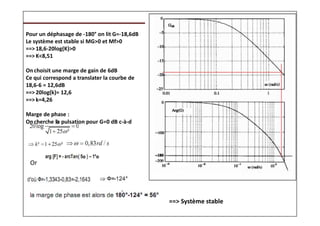 AUTOMATIQUE
Pour un déphasage de -180° on lit G=-18,6dB
Le système est stable si MG>0 et Mf>0
==>18,6-20log(K)>0
==>K<8,51
Onchoisit une marge de gain de 6dB
Ce qui correspond a translater la courbe de
18,6-6 = 12,6dB
==>20log(k)= 12,6
==>k=4,26
Marge de phase :
Oncherche la pulsation pour G=0 dB c-à-d
Or
==> Système stable
 