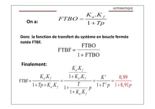 AUTOMATIQUE
On a:
Donc la fonction de transfert du système en boucle fermée
notée FTBF.
Finalement:
 