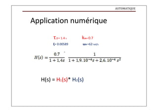 AUTOMATIQUE
Application numérique
τ2 = 1.4 s km= 0.7
ξ= 0.00589 ɯn=62 rad/s
H(s) = H1(s)* H2(s)
 