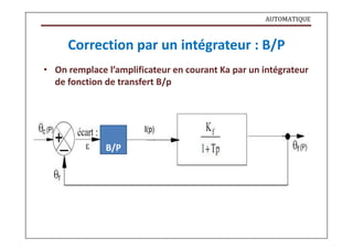 AUTOMATIQUE
Correction par un intégrateur : B/P
• On remplace l’amplificateur en courant Ka par un intégrateur
de fonction de transfert B/p
B/P
 
