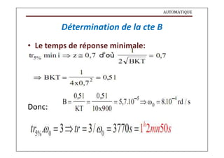 AUTOMATIQUE
Détermination de la cte B
• Le temps de réponse minimale:
Donc:
 