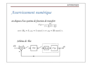AUTOMATIQUE
Asservissement numérique
on dispose d’un système de fonction de transfert
Schéma de bloc
 