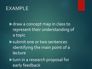 EXAMPLE 
draw a concept map in class to 
represent their understanding of 
a topic 
submit one or two sentences 
identifying the main point of a 
lecture 
turn in a research proposal for 
early feedback 
 