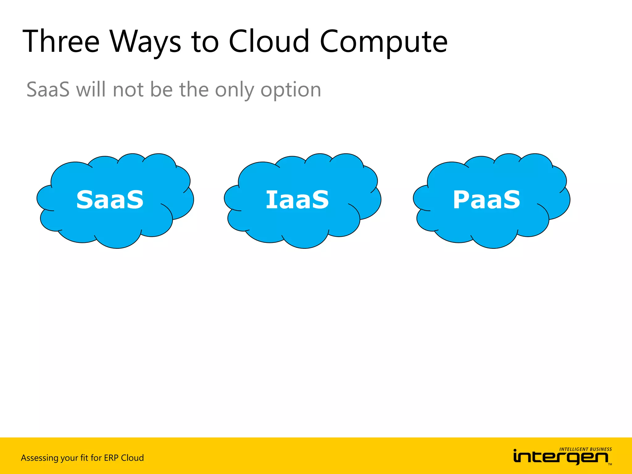 Assessing your fit for ERP Cloud
Three Ways to Cloud Compute
SaaS will not be the only option
SaaS IaaS PaaS
 