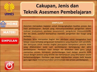 HOME
SIMPULAN
MATERI
Cakupan, Jenis dan
Teknik Asesmen Pembelajaran
SIMPULAN
Asesmen merupakan kegiatan untuk mengungkapkan kualitas proses dan
hasil pembelajaran. Banyak yang mencampuradukkan pengertian antara
evaluasi (evaluation), penilaian (assessment), pengukuran (measurement),
dan tes (test), padahal keempatnya memiliki pengertian dan fungsi yang
berbeda.
Penilaian kelas merupakan bagian dari penilaian untuk mengetahui hasil
belajar siswa terhadap penguasaan kompetensi yang diajarkan oleh pendidik,
dan bertujuan untuk menilai tingkat pencapaian kompetensi peserta didik
yang dilaksanakan pada saat pembelajaran berlangsung dan akhir
pembelajaran. Penilaian hasil belajar ini dilakukan oleh guru untuk
memantau proses, kemajuan, perkembangan hasil belajar peserta didik
sesuai dengan potensi yang dimiliki dan kemampuan yang diharapkan secara
berkesinambungan. Penilaian juga dapat memberikan umpan balik kepada
guru agar dapat menyempurnakan perencanaan dan proses pembelajaran.
SIMPULAN
 
