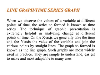 LINE GRAPH/TIME SERIES GRAPH
When we observe the values of a variable at different
points of time, the series so formed is known as time
series. The technique of graphic presentation is
extremely helpful in analyzing change at different
points of time. On the X-axis we generally take the time
and the Y-axis the value of the variable and join the
various points by straight lines. The graph so formed is
known as the line graph. Such graphs are most widely
used in practice. They are simple to understand, easiest
to make and most adaptable to many uses.
 