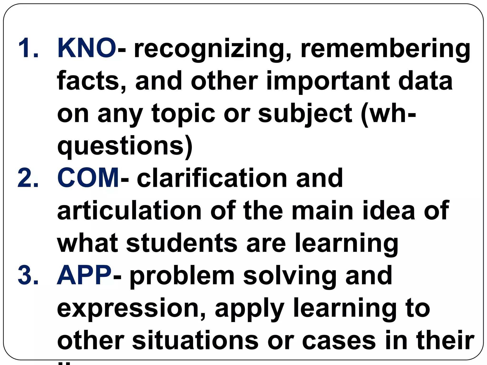 1. KNO- recognizing, remembering
facts, and other important data
on any topic or subject (wh-
questions)
2. COM- clarification and
articulation of the main idea of
what students are learning
3. APP- problem solving and
expression, apply learning to
other situations or cases in their
 