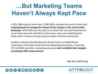 …But Marketing Teams
Haven’t Always Kept Pace
A 2011 IBM study of more than 1,700 CMOs revealed that most of them feel
underprepared to manage the impact of key changes in the social media
landscape. While 82% say they plan to increase their use and investment of
social media over the next three to five years, many are scratching their
heads when it comes to measuring the impact of those investments.

Another study by Columbia Business School Center on Global Brand
Leadership and the New York American Marketing Association, found that
57% of CMOs and other marketing executives don’t establish their budgets
according to ROI measurements.



                                                      IBM 2011 CMO Study
 