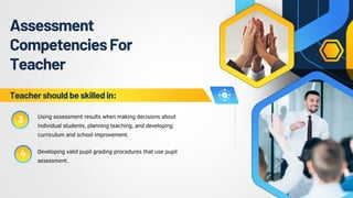 Assessment
CompetenciesFor
Teacher
Teacher should beskilled in:
3
4
Using assessment results when making decisions about
individual students, planning teaching, and developing
curriculum and school improvement.
Developing valid pupil grading procedures that use pupil
assessment.
 
