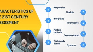 Responsive
Integrated
Multiple
Methods
Technically
Sound
ARACTERISTICSOF
E21STCENTURY
SESSMENT
Flexible
Informative
Communicated
Systemic
2
1
3
4
8
7
6
5
 