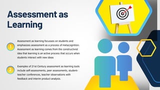 Assessment as
Learning
1
2
Assessment as learning focusses on students and
emphasizes assessment as a process of metacognition.
Assessment as learning comes from the constructivist
idea that learning is an active process that occurs when
students interact with new ideas
Examples of 21st Century assessment as learning tools
include self-assessments, peer assessments, student-
teacher conferences, teacher observations with
feedback and interim product analysis.
 