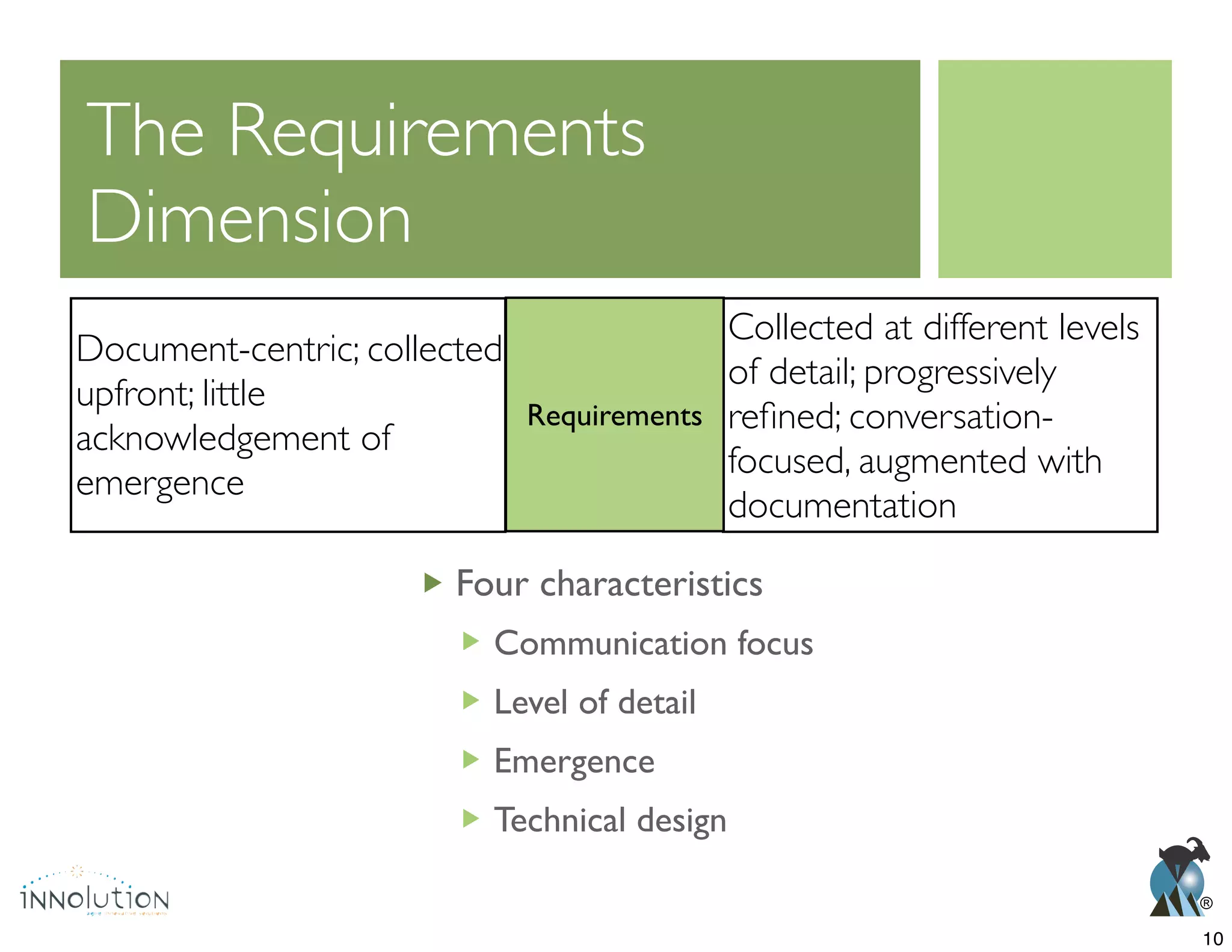 ®
Dimension
Collected at different levels
of detail; progressively
focused, augmented with
documentation
Requirements
Document-centric; collected
upfront; little
acknowledgement of
emergence
Four characteristics
Communication focus
Level of detail
Emergence
Technical design
10
 